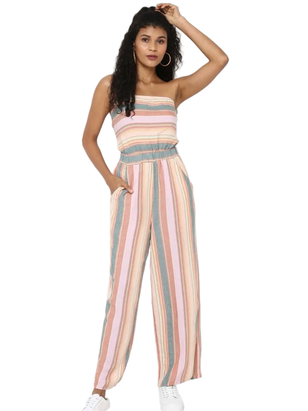 Pink and Green Strapless Jumpsuit With Pockets